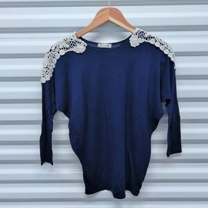 Pomelo Top LG Women Navy Blue Crochet Lace Shoulder Dolman Sleeve Rayon Blouse